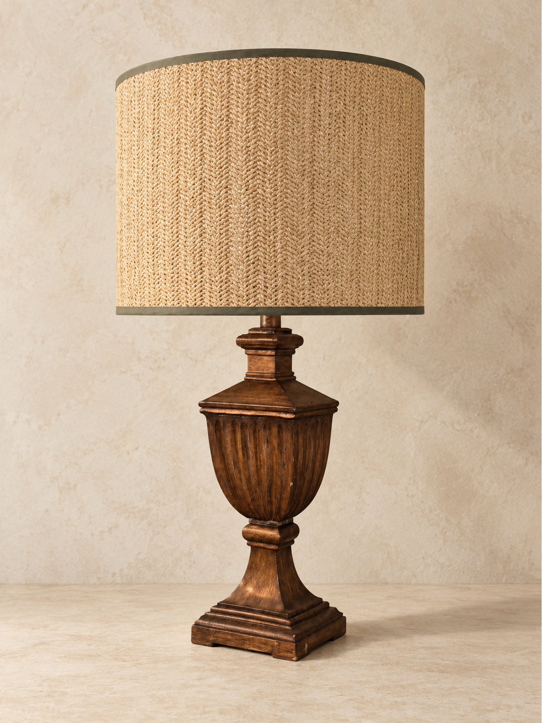 One-Off Vintage Wooden Table Lamp with Woven Shade