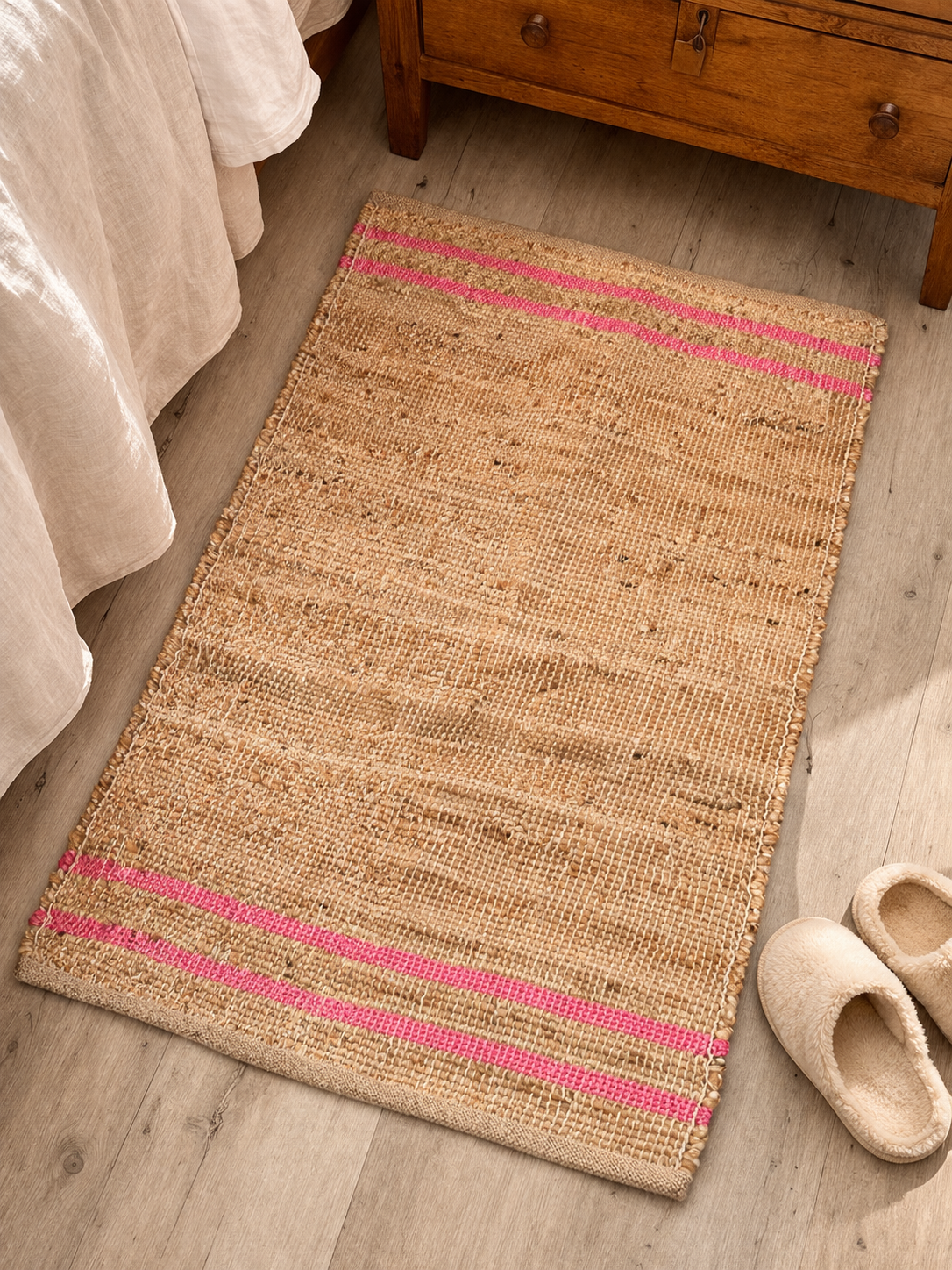 Handwoven Natural Jute Rug with Soft Pink Stripe Detail
