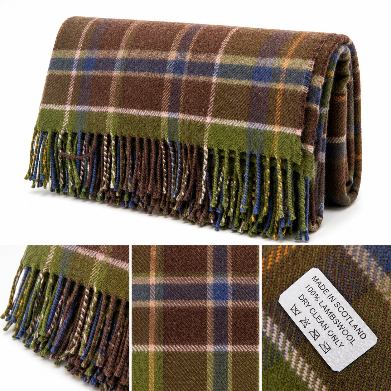 Scottish Lambswool Tartan Throw – Olive, Brown & Blue Check