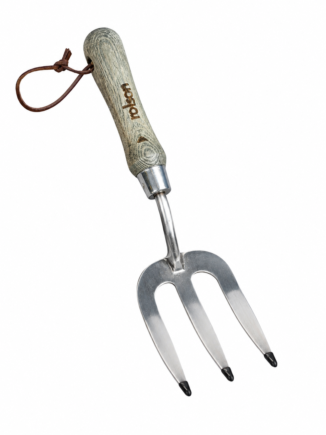 Gardening tool with wooden handle and metal prongs on a white background