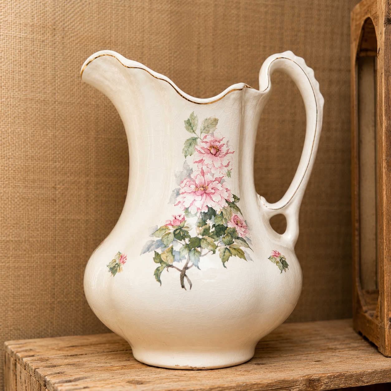 Decorative ceramic pitcher with floral design on a wooden surface and burlap background