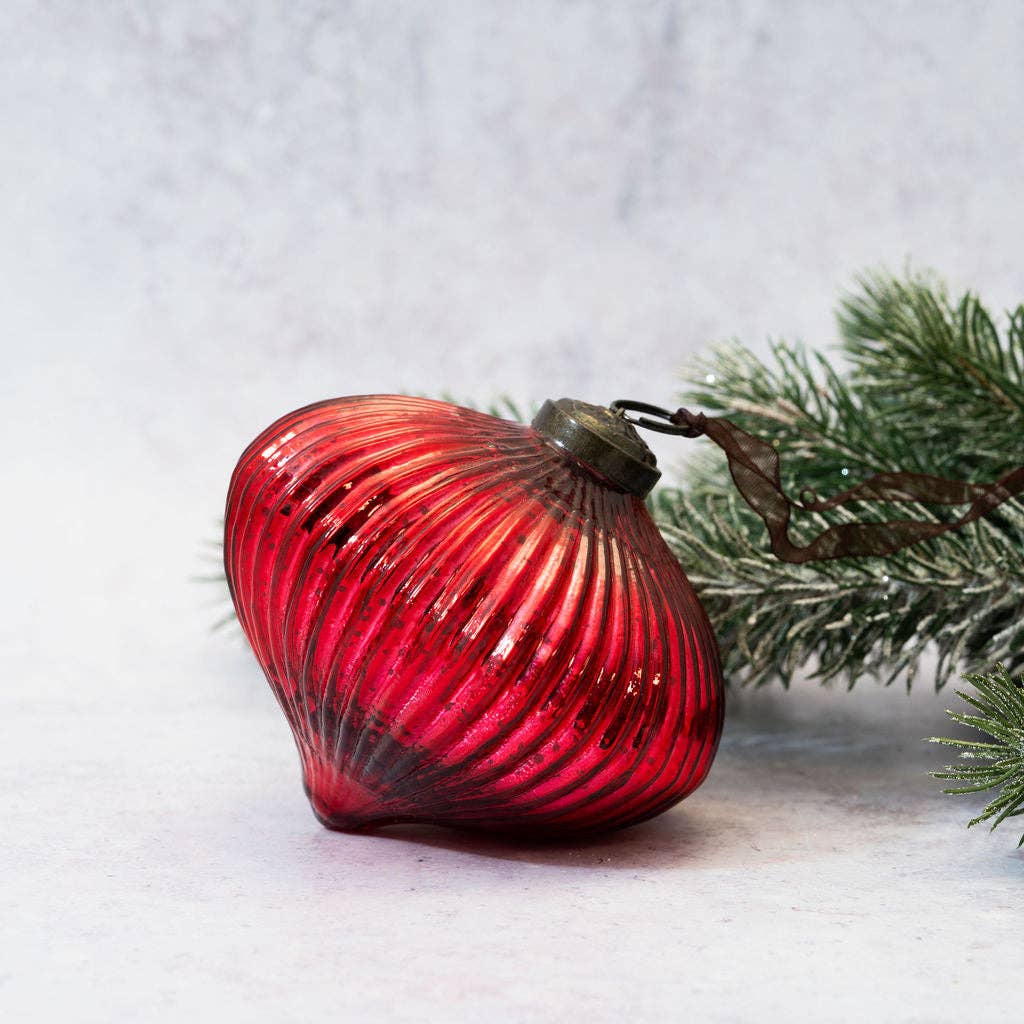 4" Red Ribbed Lantern Glass Christmas Decoration