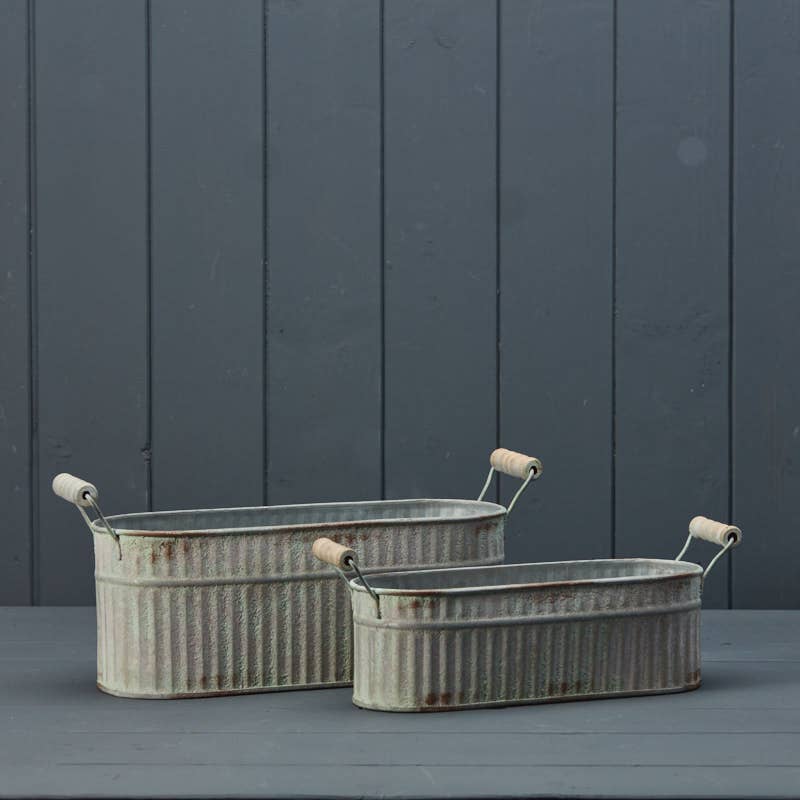 Set Of Two Vintage Whitewashed Oval Zinc Troughs