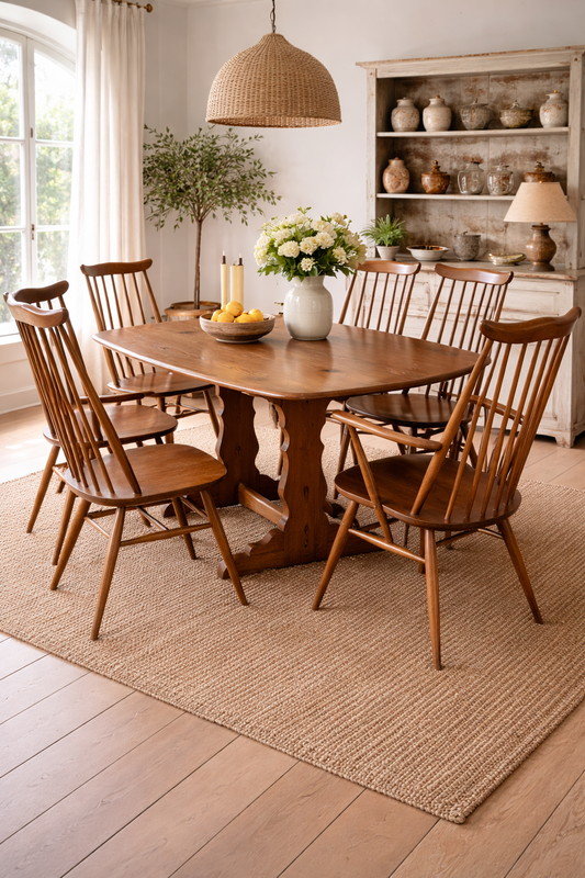 Large Windsor Dining Set – Solid Elm Table & 6 Chairs – Mid Century (Ercol Style)