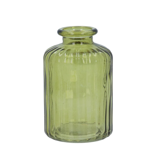 Glass Vase 10cm - Olive Green Ribbed Bud