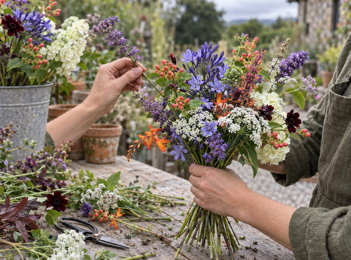 A person's hands holding a colorful wildflower bouquet with purple, white, orange, and burgundy flowers, with gardening tools and other flower pots on a rustic stone table in an outdoor garden setting.