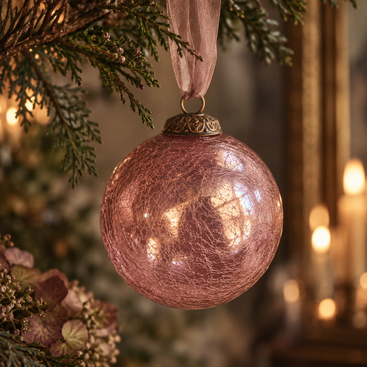 Arthur Cameron 4” Large Mauve Crackle Glass Christmas Bauble