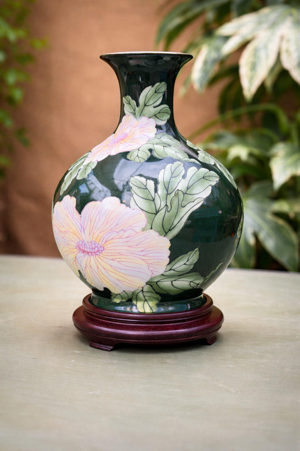 Green Floral Porcelain Vase with Wooden Base