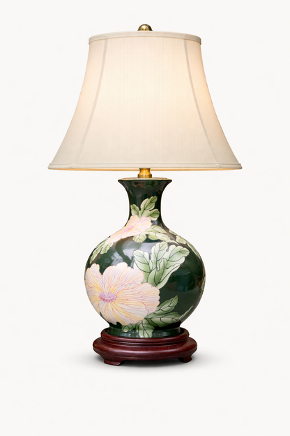 Green Floral Porcelain Vase with Wooden Base