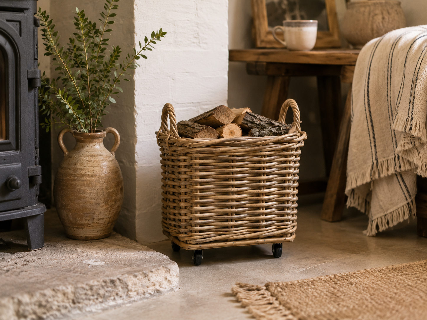 Wicker basket with firewood next to a fireplace in a cozy room.