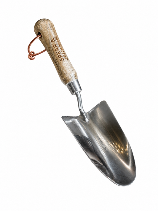 Garden trowel with wooden handle on a white background