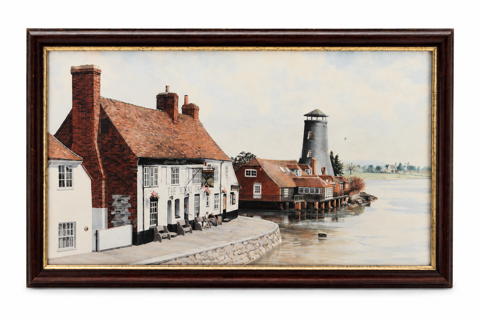 Framed painting of a riverside scene with buildings and a lighthouse.