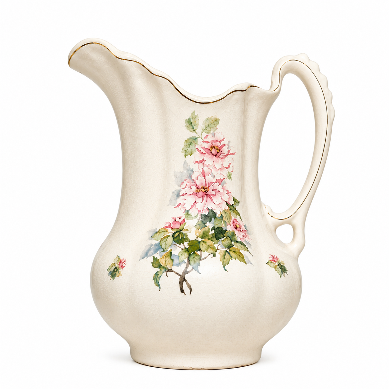 Cream-colored ceramic pitcher with floral design on a white background