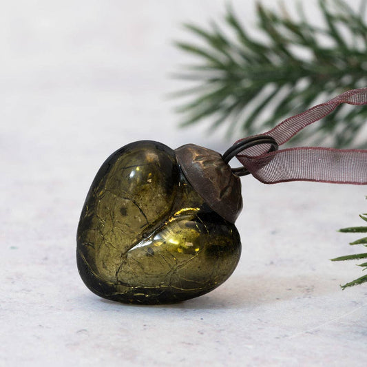 Set of 6 Small 1" Olive Green Crackle Glass Heart decoration