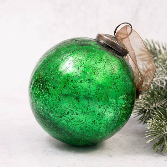 Arthur Cameron Emerald Green 4” Extra Large Crackle Glass Christmas Bauble