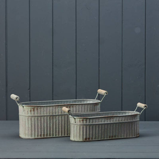 Set Of Two Vintage Whitewashed Oval Zinc Troughs